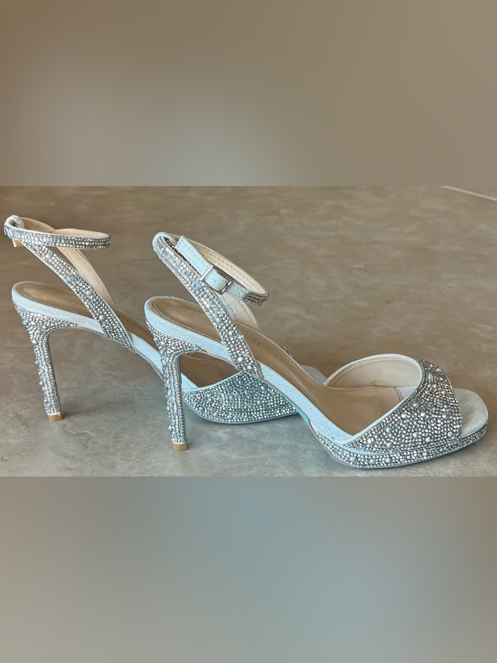 Betsey Johnson Silver Rhinestone Ankle Strap Evening Sandals Heels Size 8